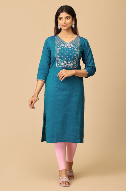 Teal Blue Rayon Slub Embroidery Kurti