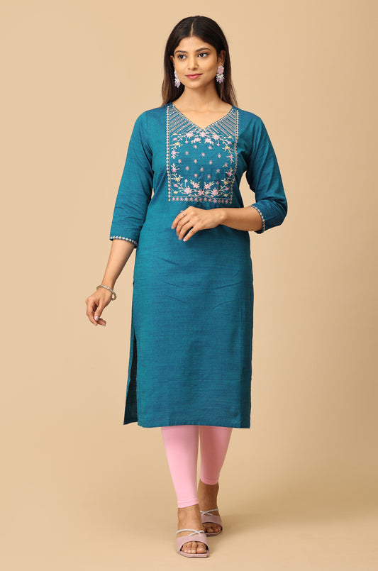 Teal Blue Rayon Slub Embroidery Kurti