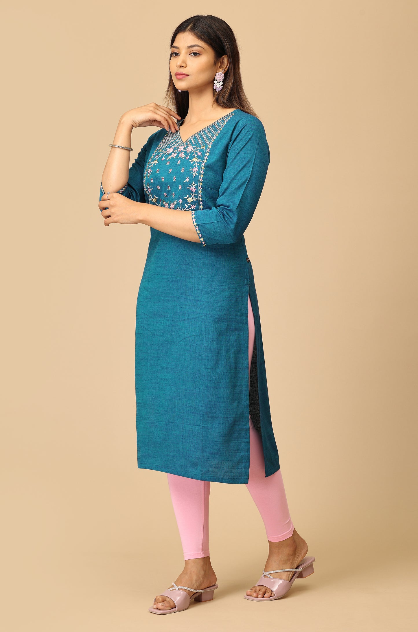 Teal Blue Rayon Slub Embroidery Kurti