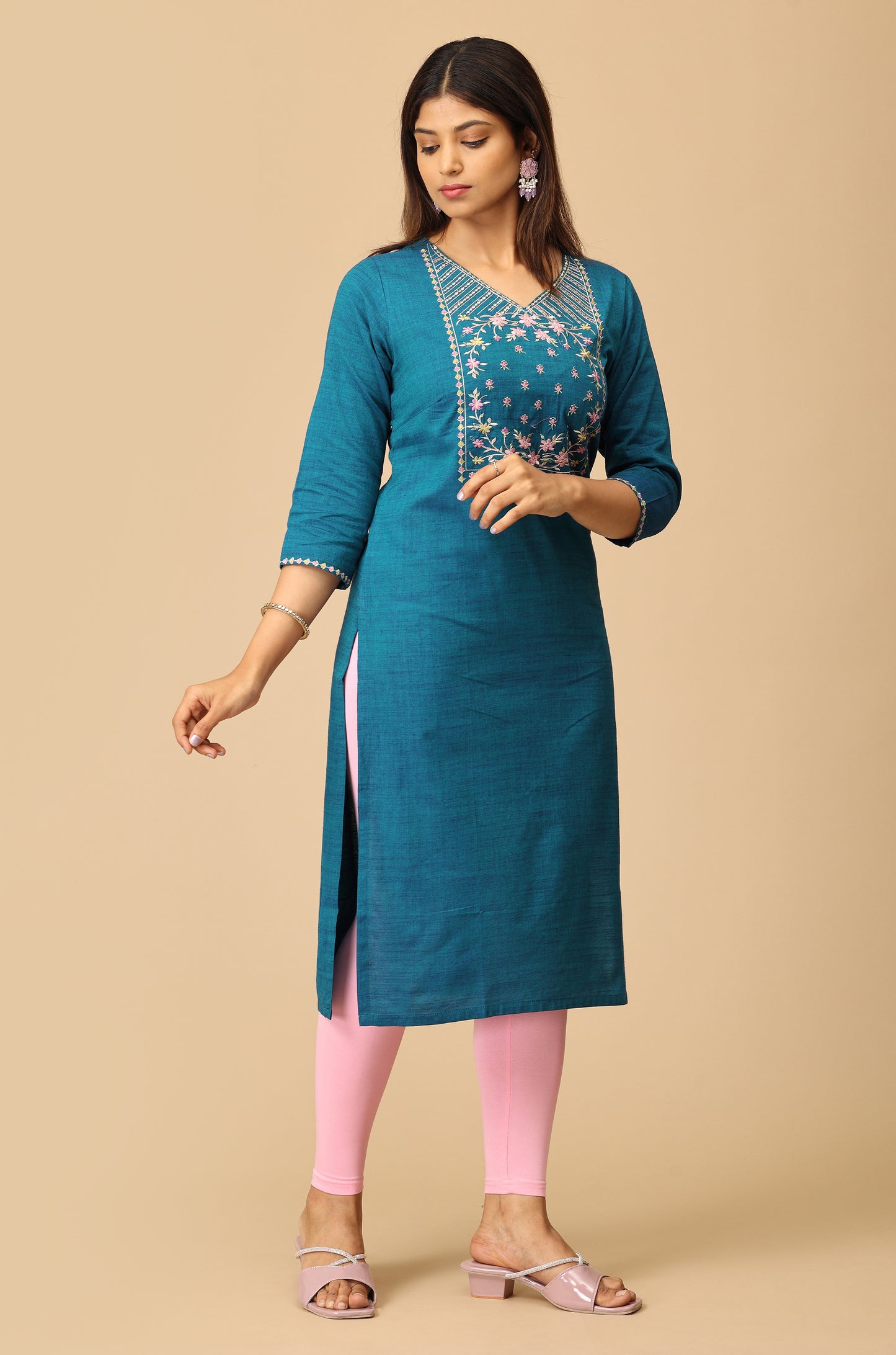 Teal Blue Rayon Slub Embroidery Kurti
