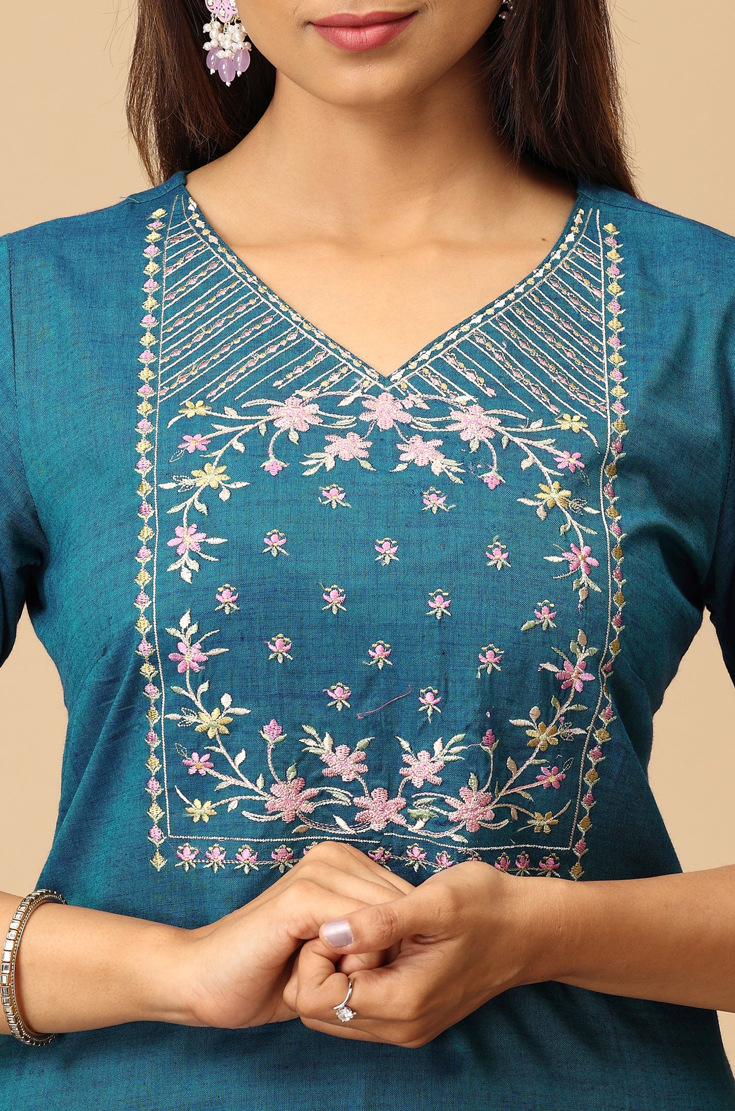 Teal Blue Rayon Slub Embroidery Kurti