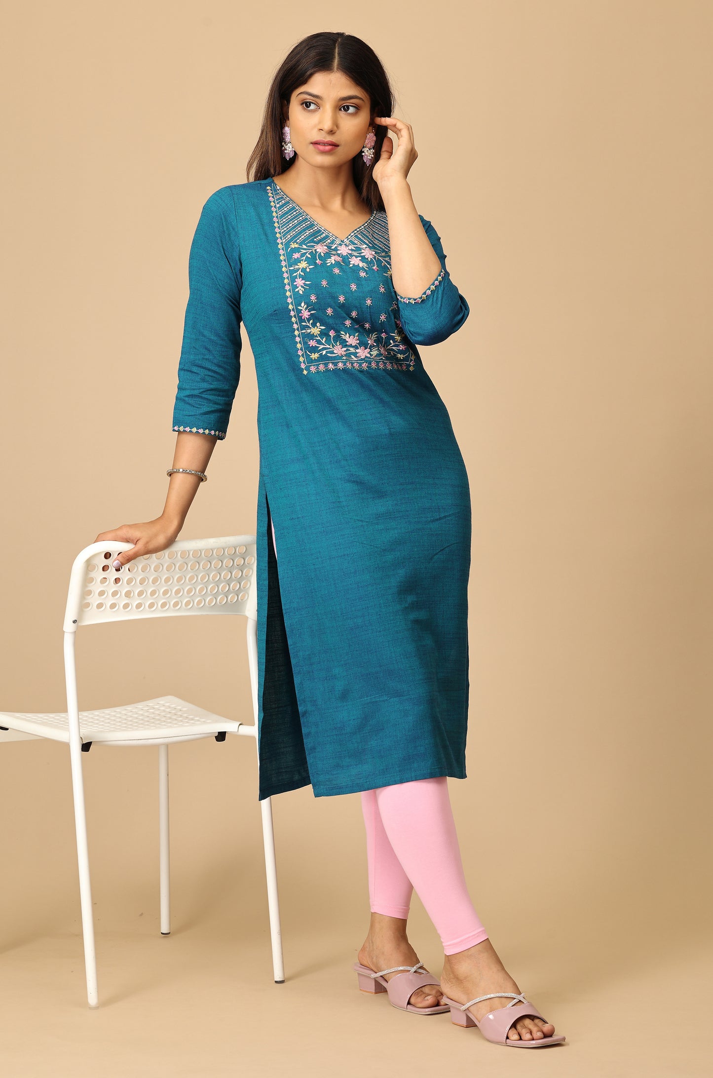 Teal Blue Rayon Slub Embroidery Kurti
