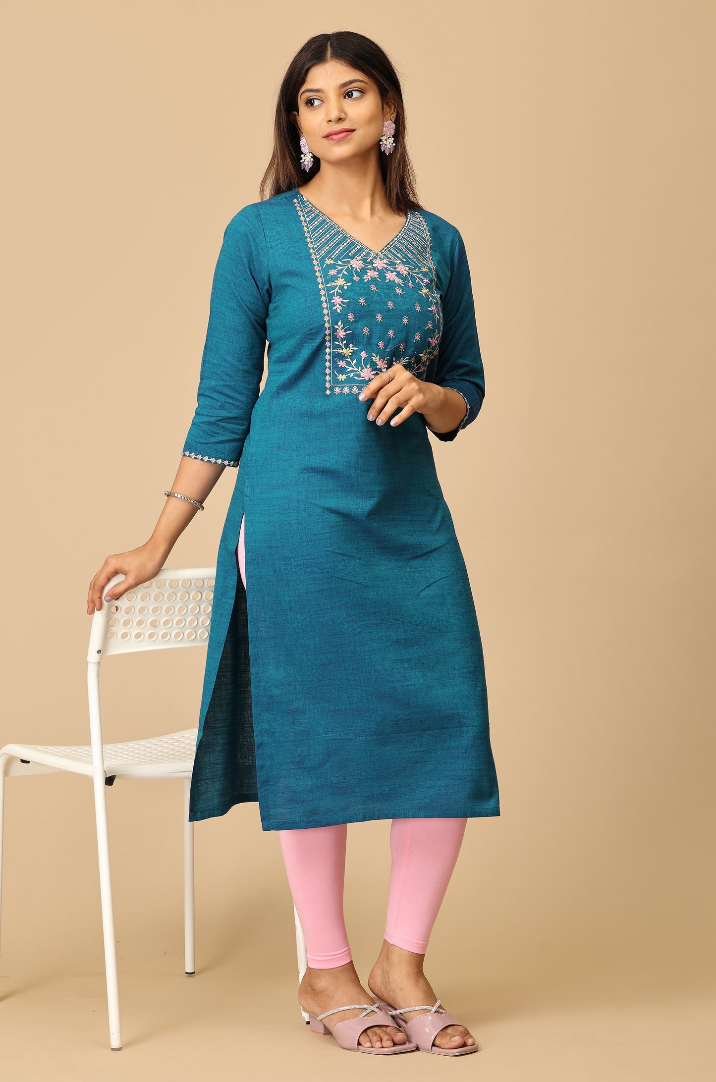 Teal Blue Rayon Slub Embroidery Kurti