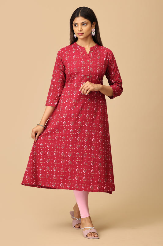 Dark Fuchsia Rayon Slub A Line Kurti