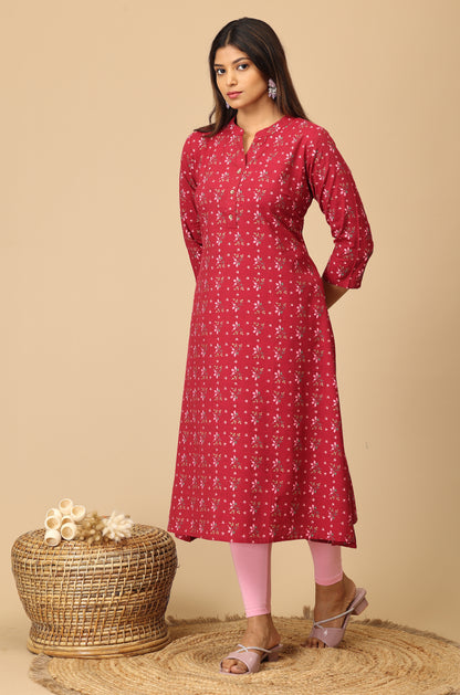 Dark Fuchsia Rayon Slub A Line Kurti