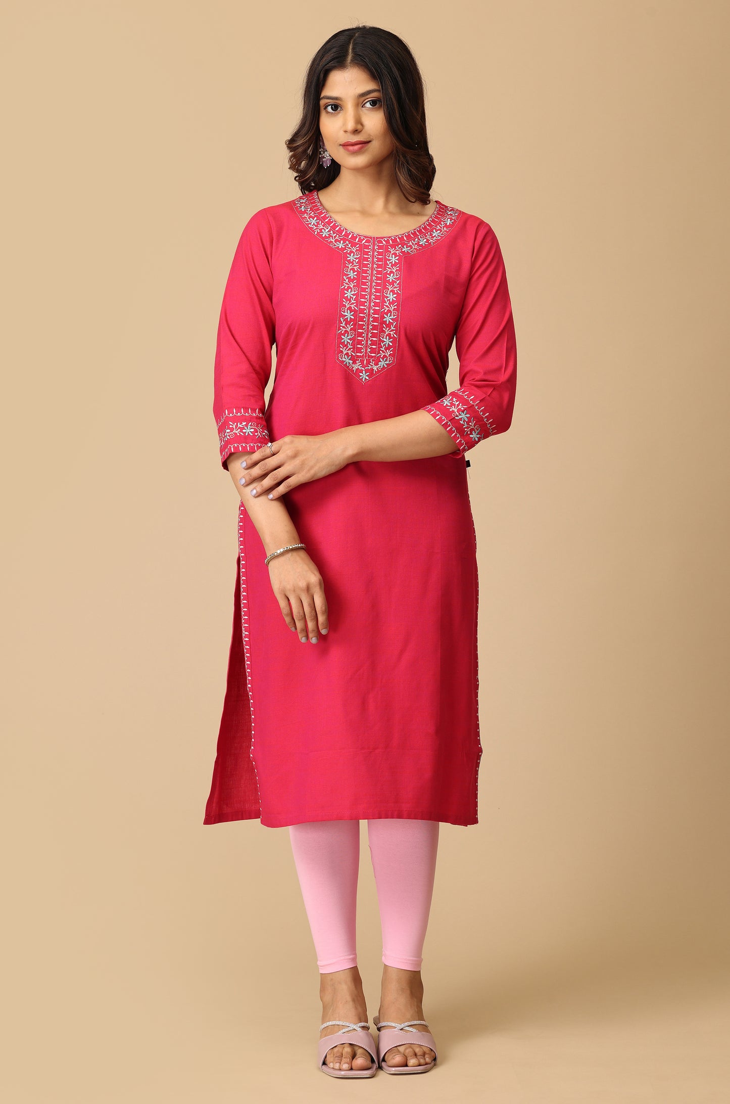 Bright Pink Rayon Slub Embroidery Kurti