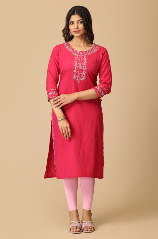 Bright Pink Rayon Slub Embroidery Kurti