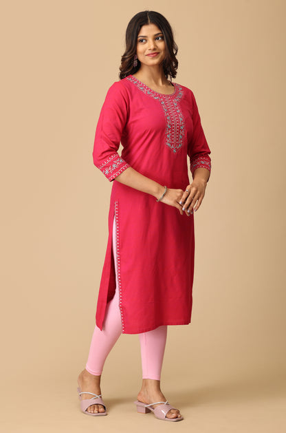 Bright Pink Rayon Slub Embroidery Kurti