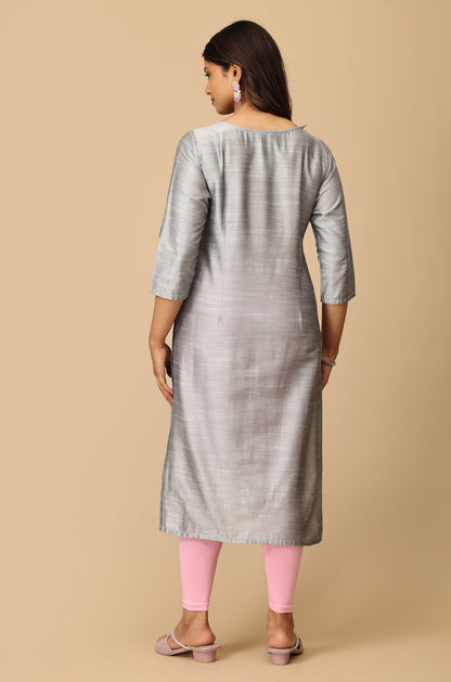 Grey Slub Silk Embroidery Straight  Kurti