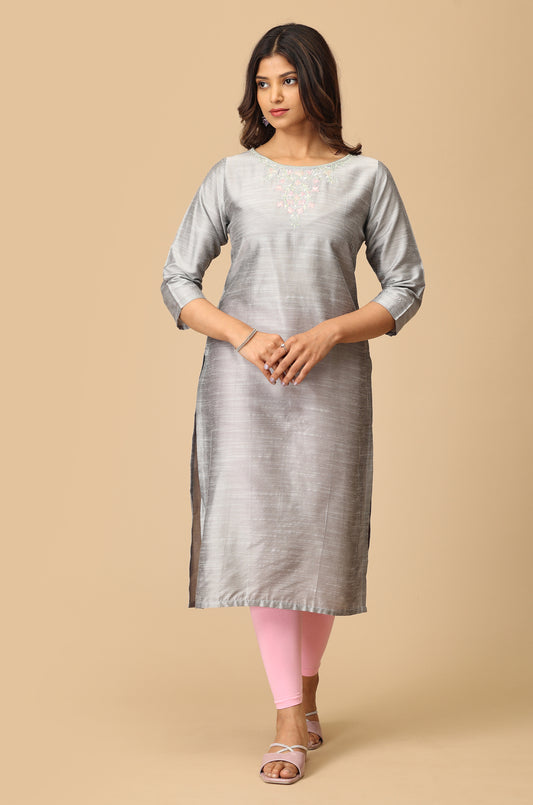 Grey Slub Silk Embroidery Straight  Kurti