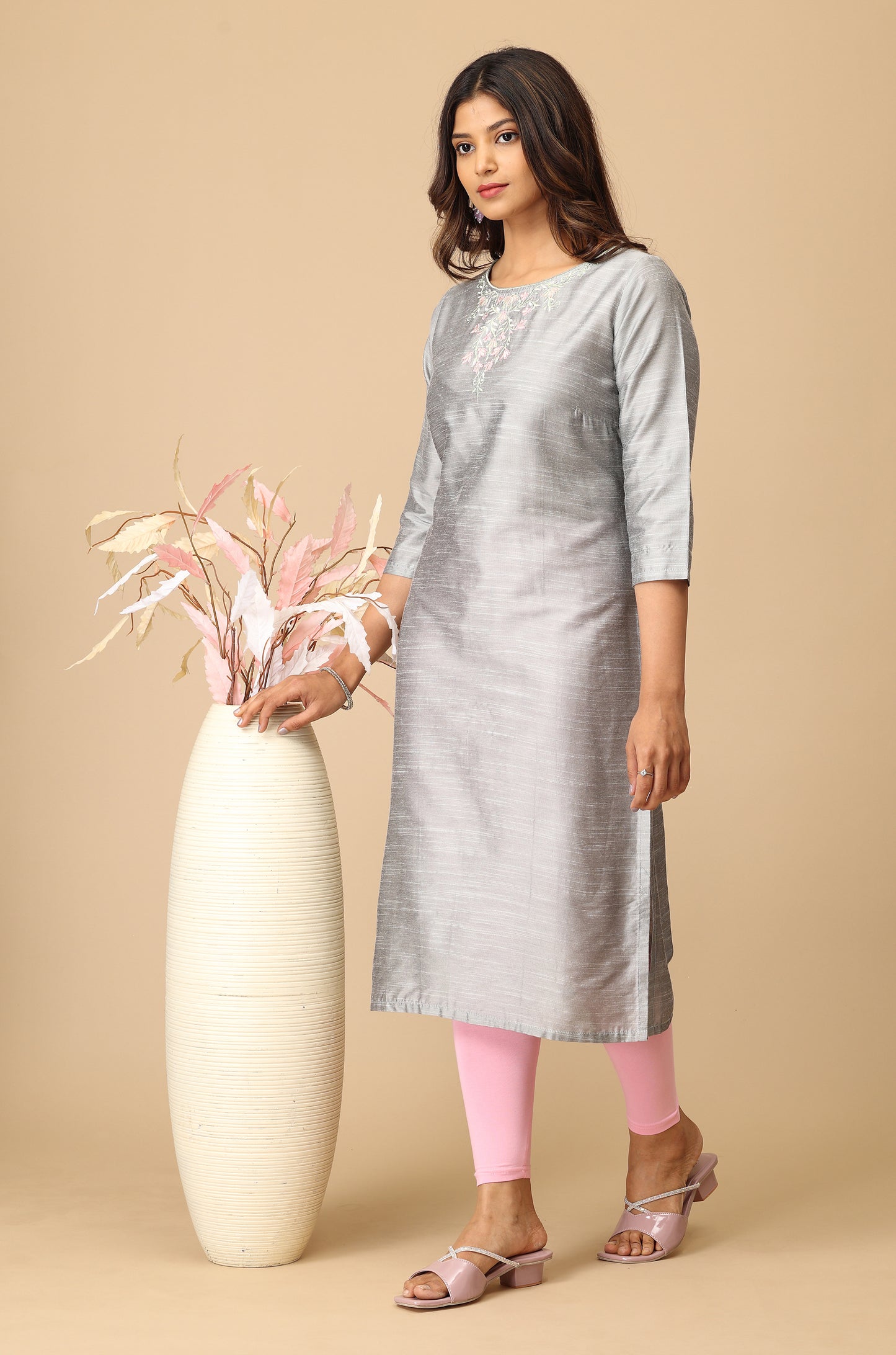 Grey Slub Silk Embroidery Straight  Kurti