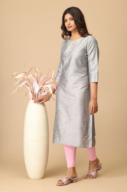 Grey Slub Silk Embroidery Straight  Kurti