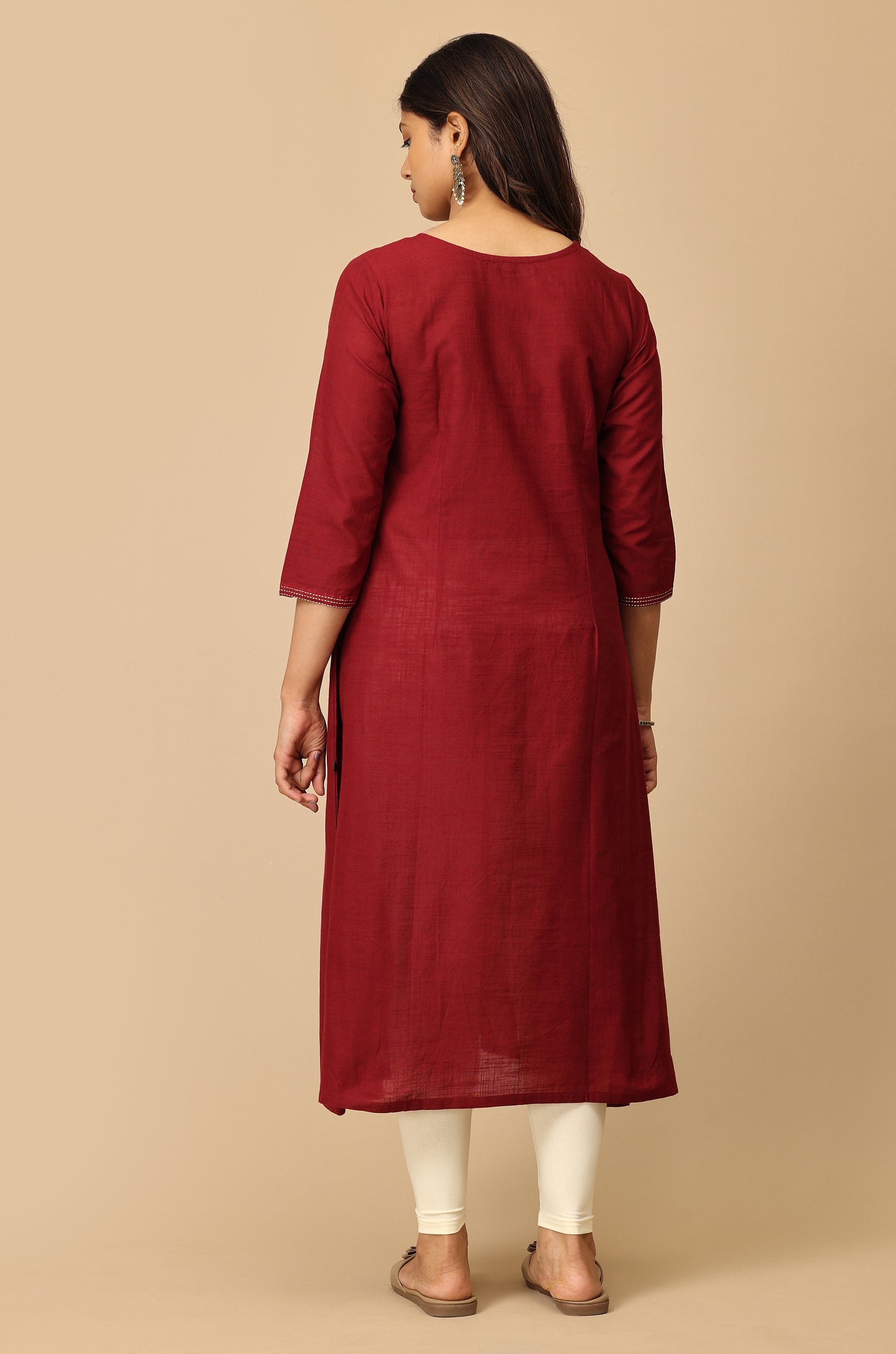 Maroon Cotton Slub Embroidery Kurti