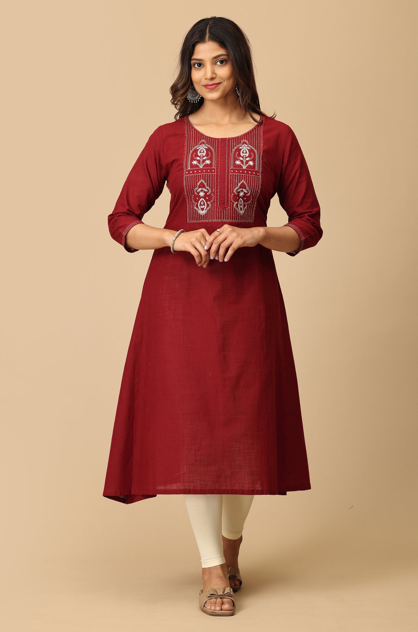 Maroon Cotton Slub Embroidery Kurti