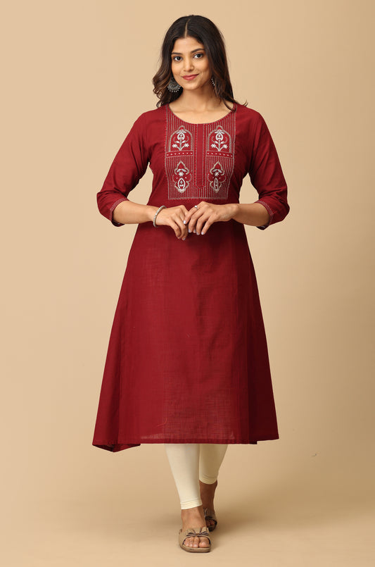 Maroon Cotton Slub Embroidery Kurti