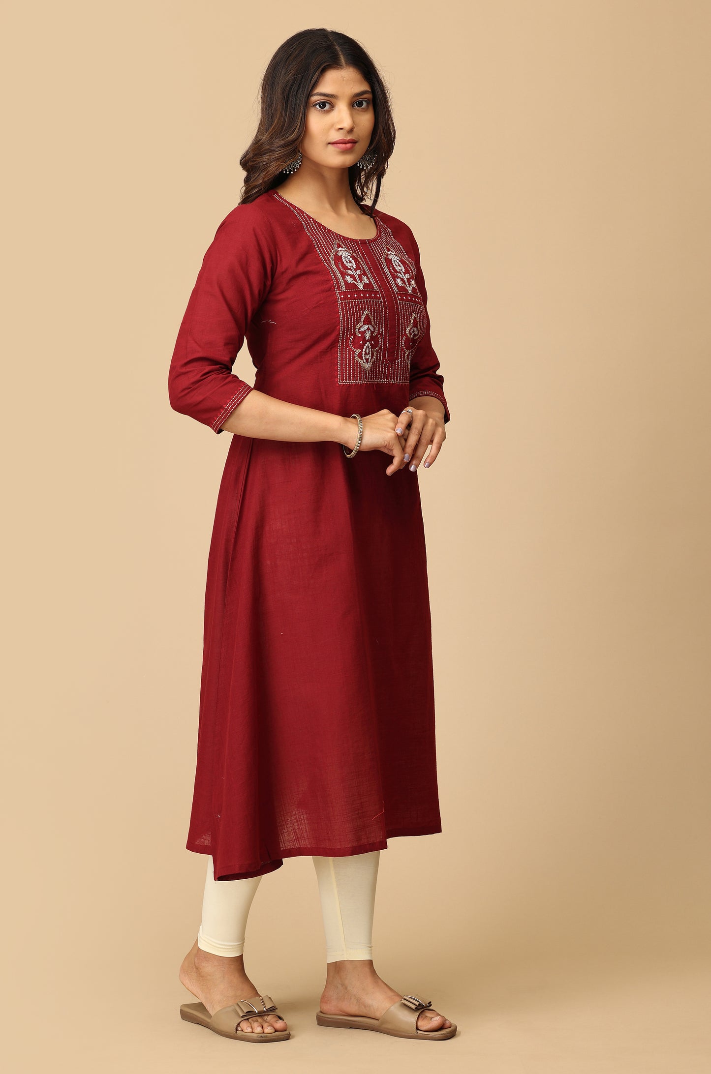 Maroon Cotton Slub Embroidery Kurti
