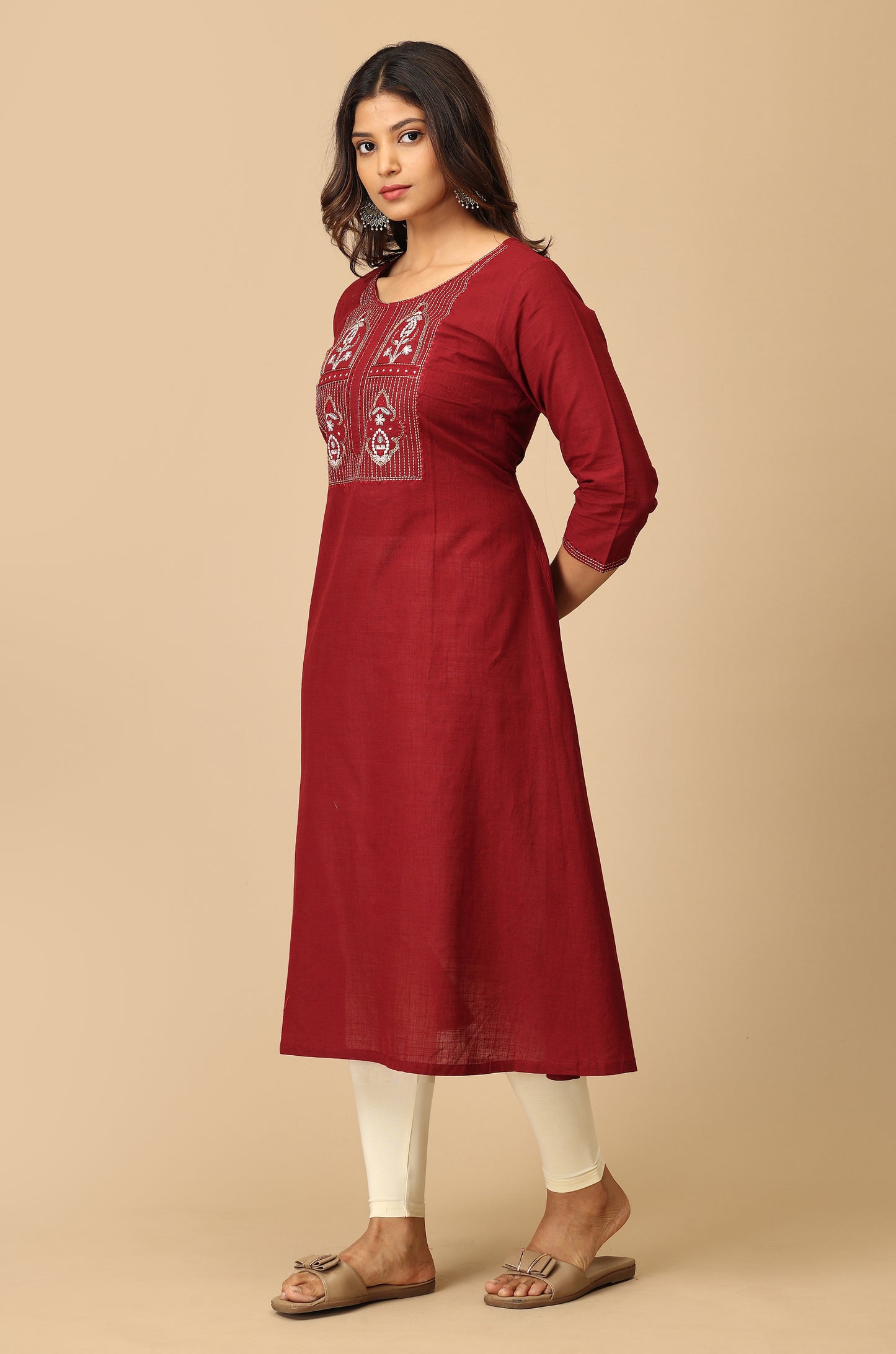 Maroon Cotton Slub Embroidery Kurti