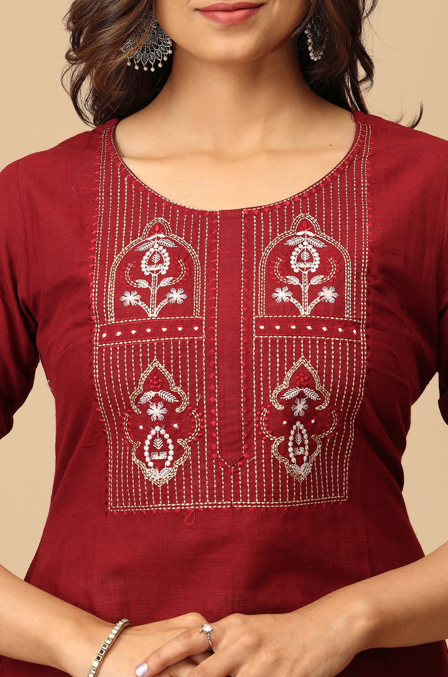 Maroon Cotton Slub Embroidery Kurti