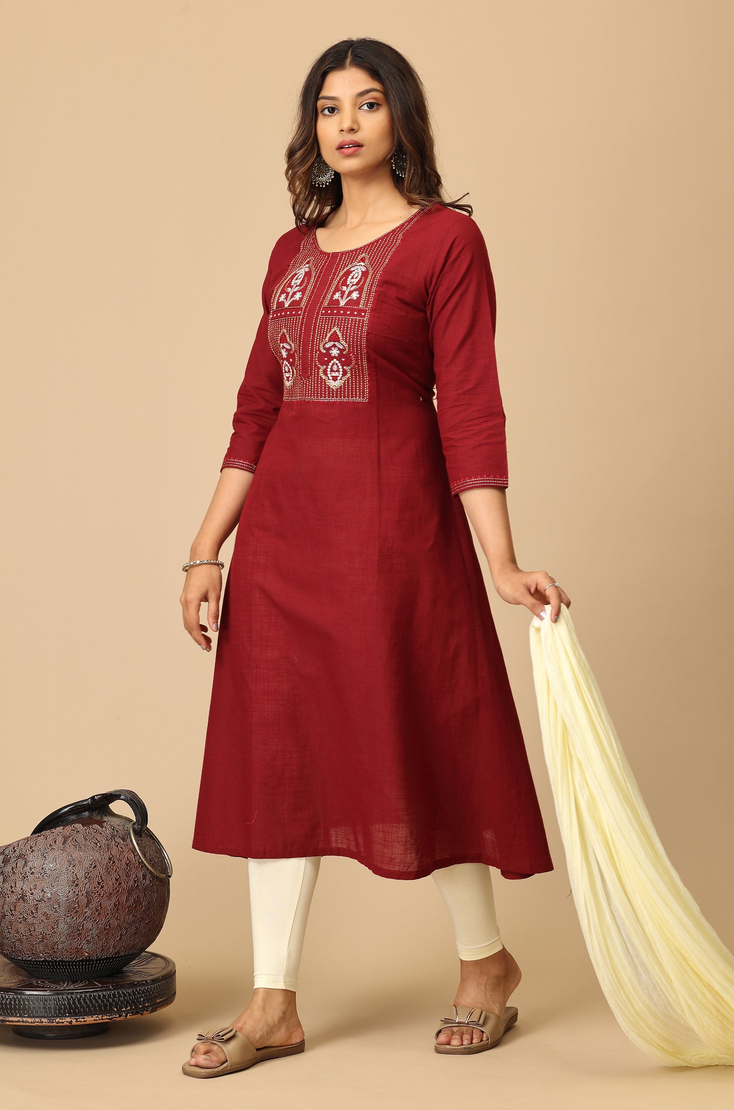 Maroon Cotton Slub Embroidery Kurti