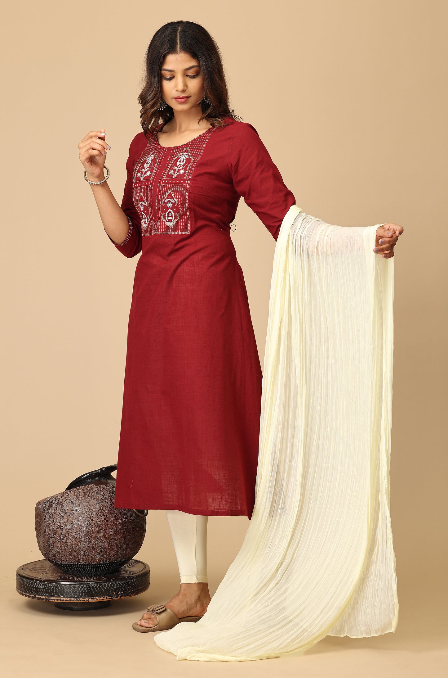 Maroon Cotton Slub Embroidery Kurti