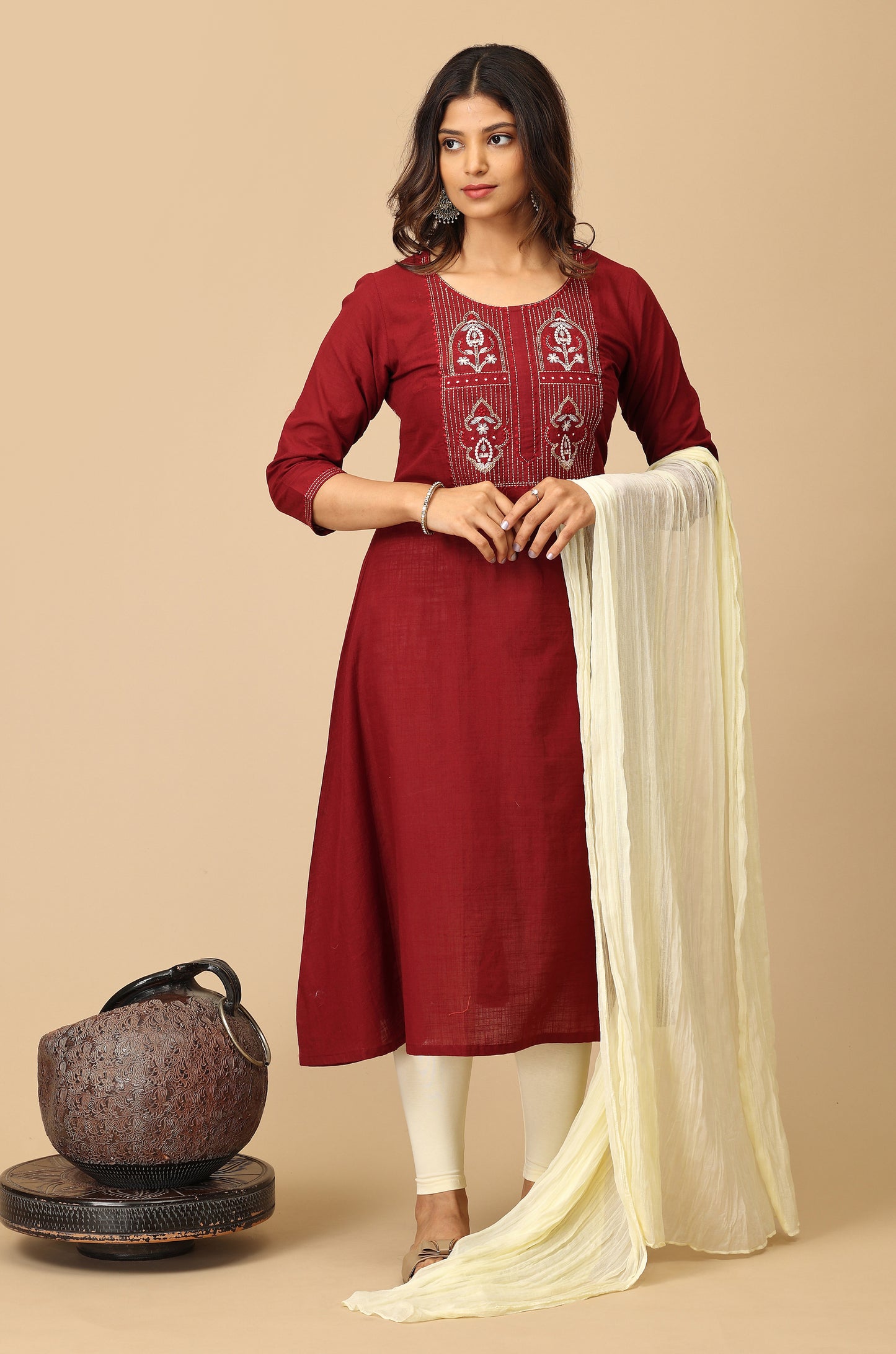 Maroon Cotton Slub Embroidery Kurti