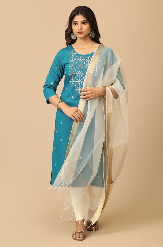 Steel Blue Khadi All Over Embroidery Kurti