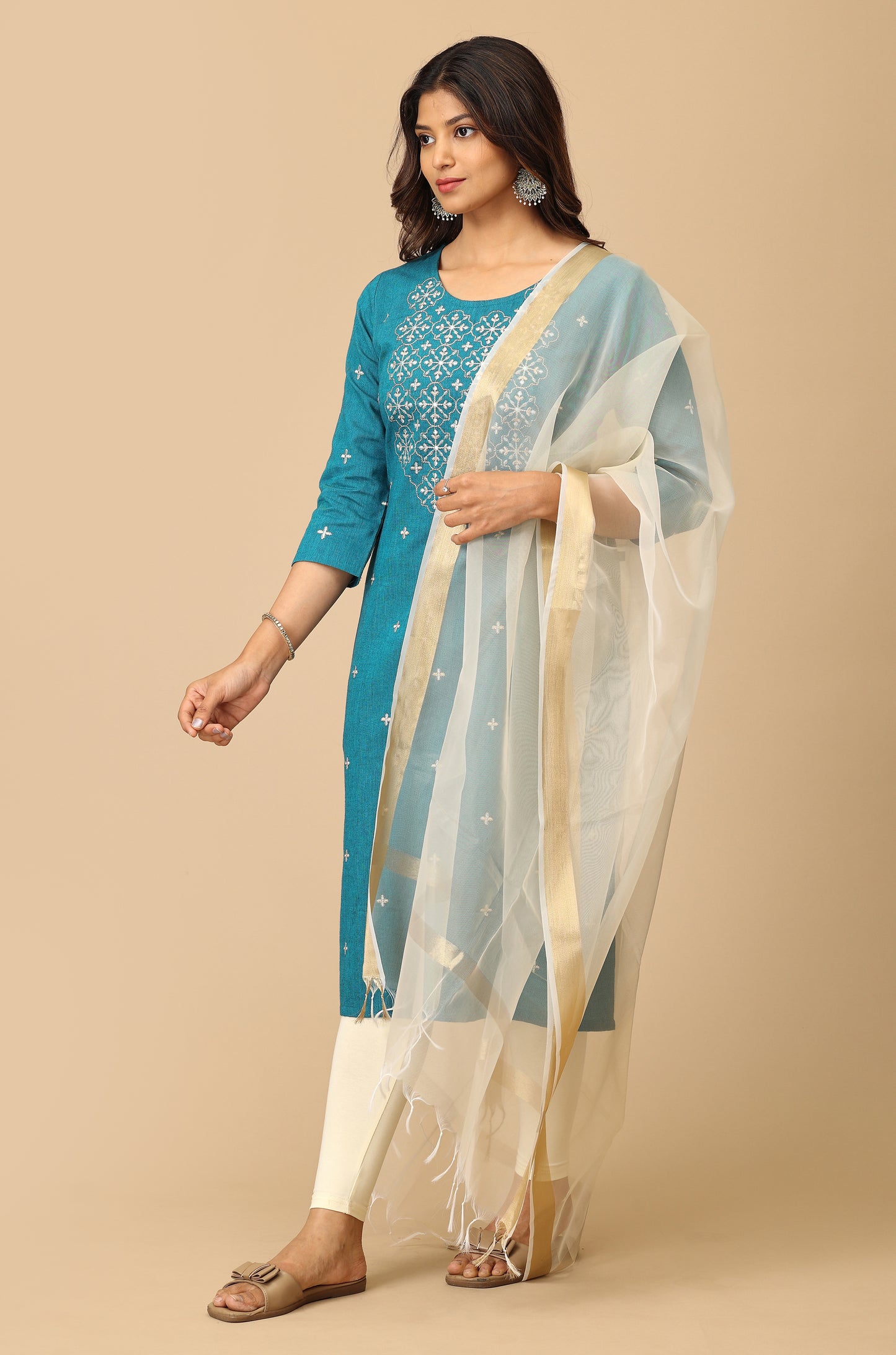 Steel Blue Khadi All Over Embroidery Kurti