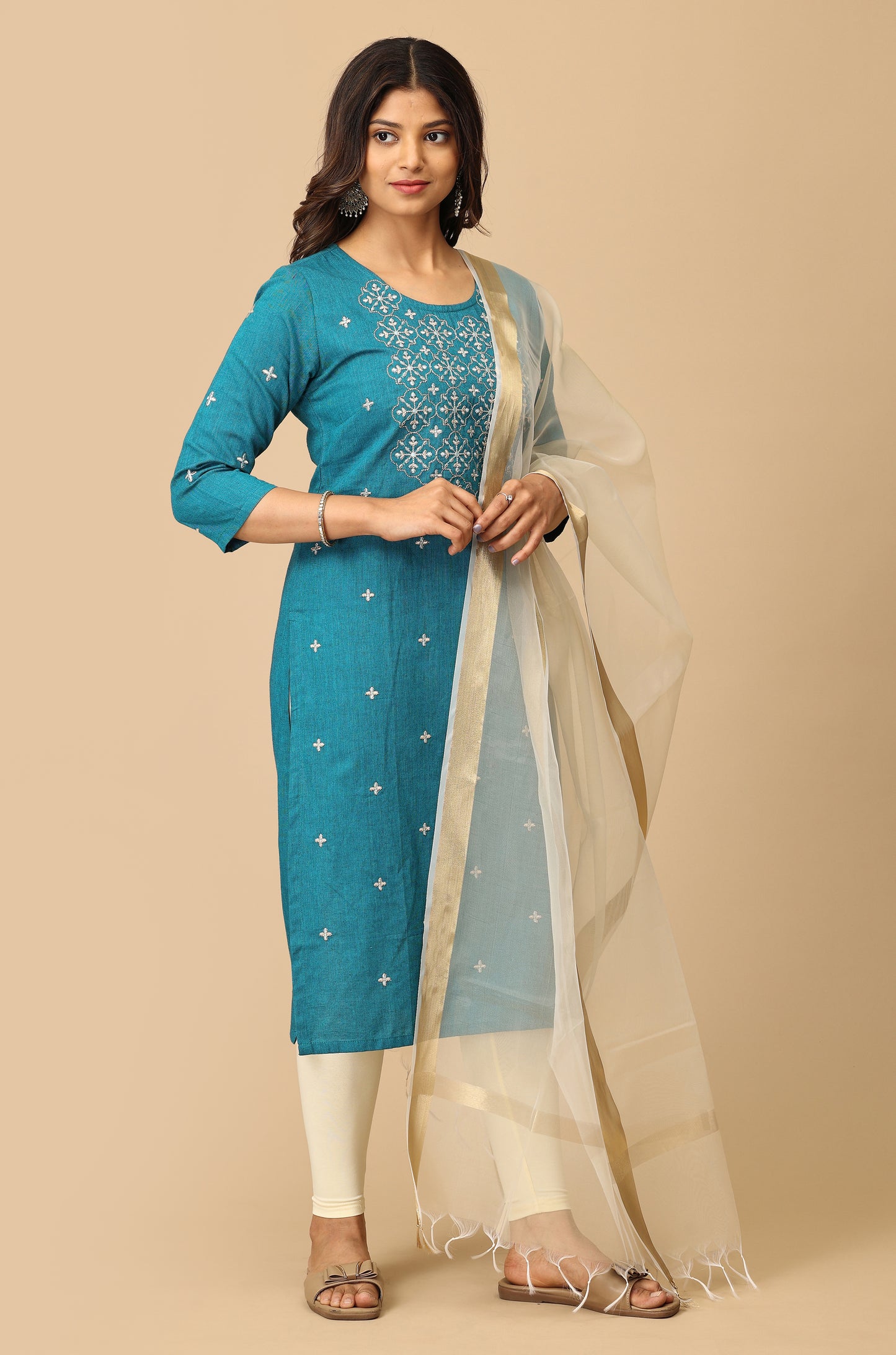Steel Blue Khadi All Over Embroidery Kurti