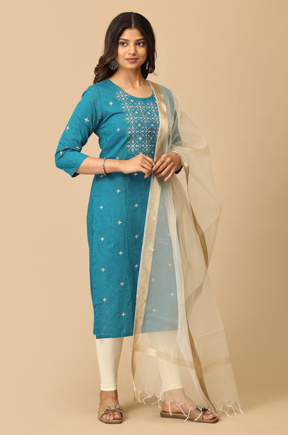 Steel Blue Khadi All Over Embroidery Kurti