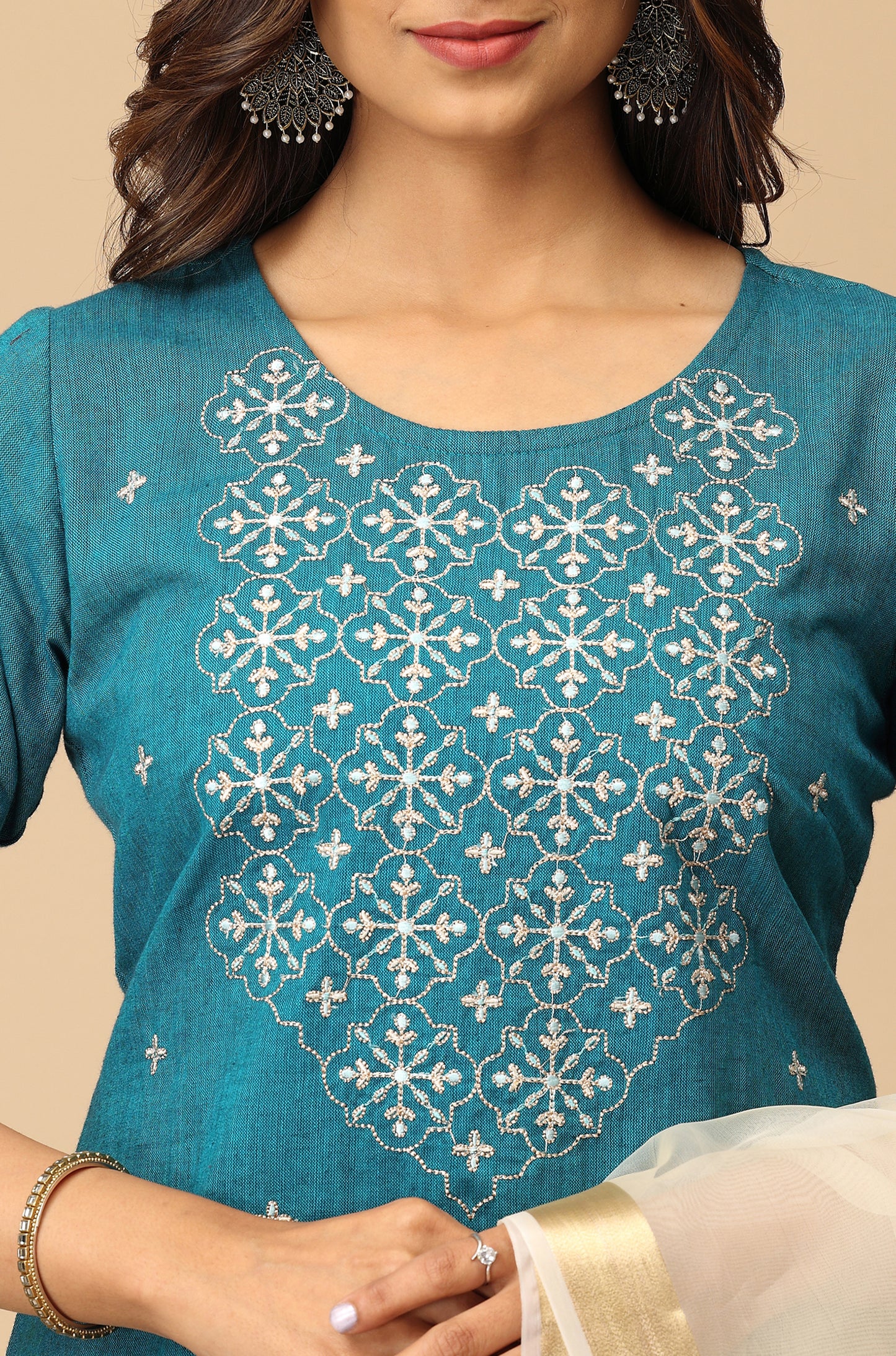 Steel Blue Khadi All Over Embroidery Kurti