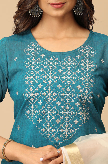 Steel Blue Khadi All Over Embroidery Kurti