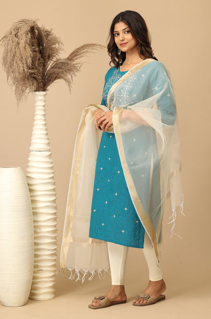 Steel Blue Khadi All Over Embroidery Kurti