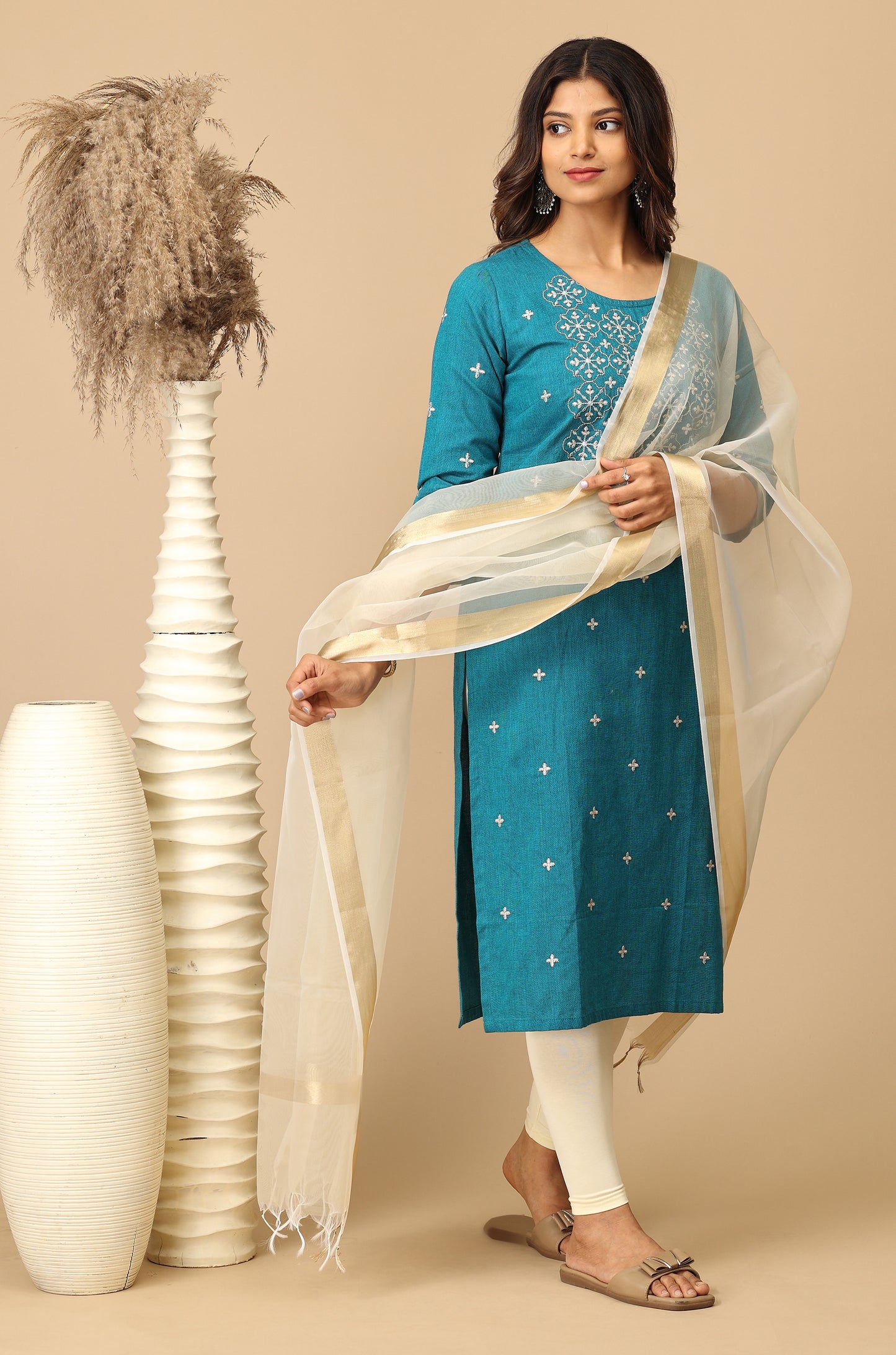 Steel Blue Khadi All Over Embroidery Kurti