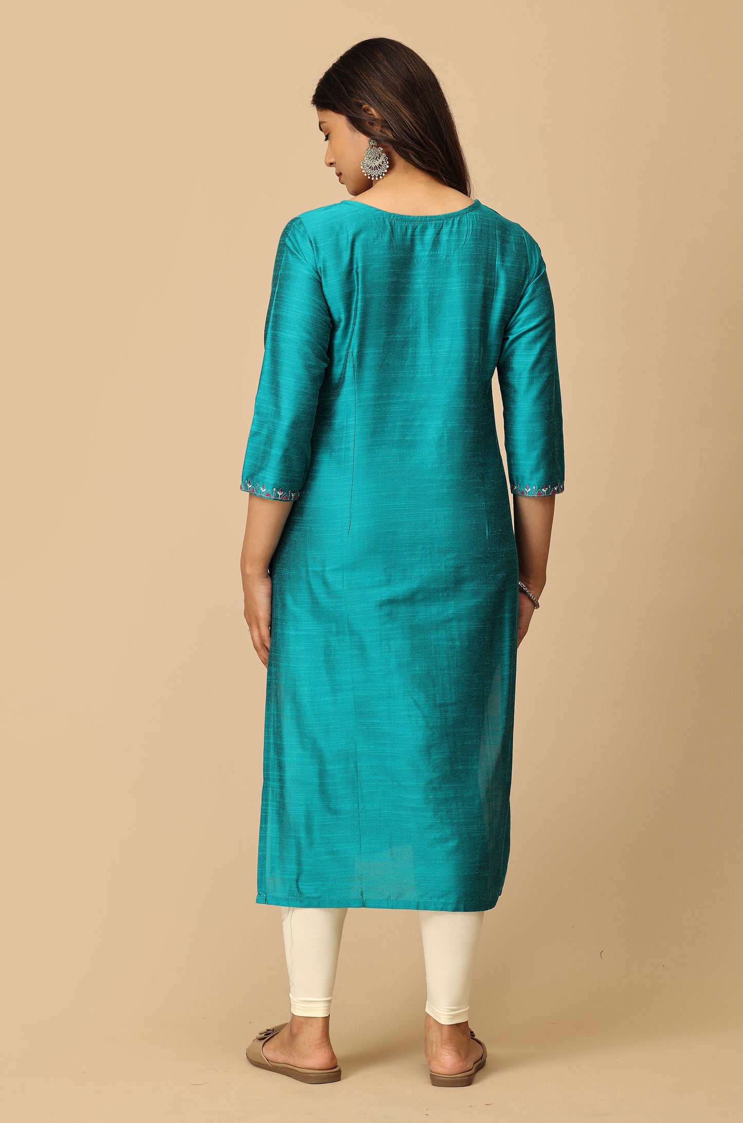 Teal Slub Silk Embroidery Kurti