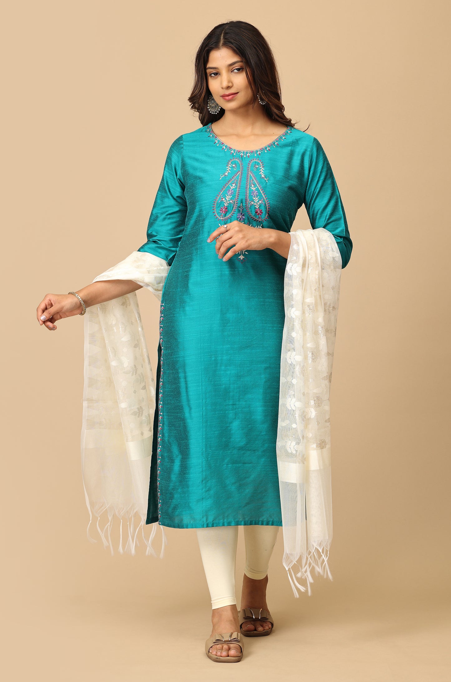 Teal Slub Silk Embroidery Kurti