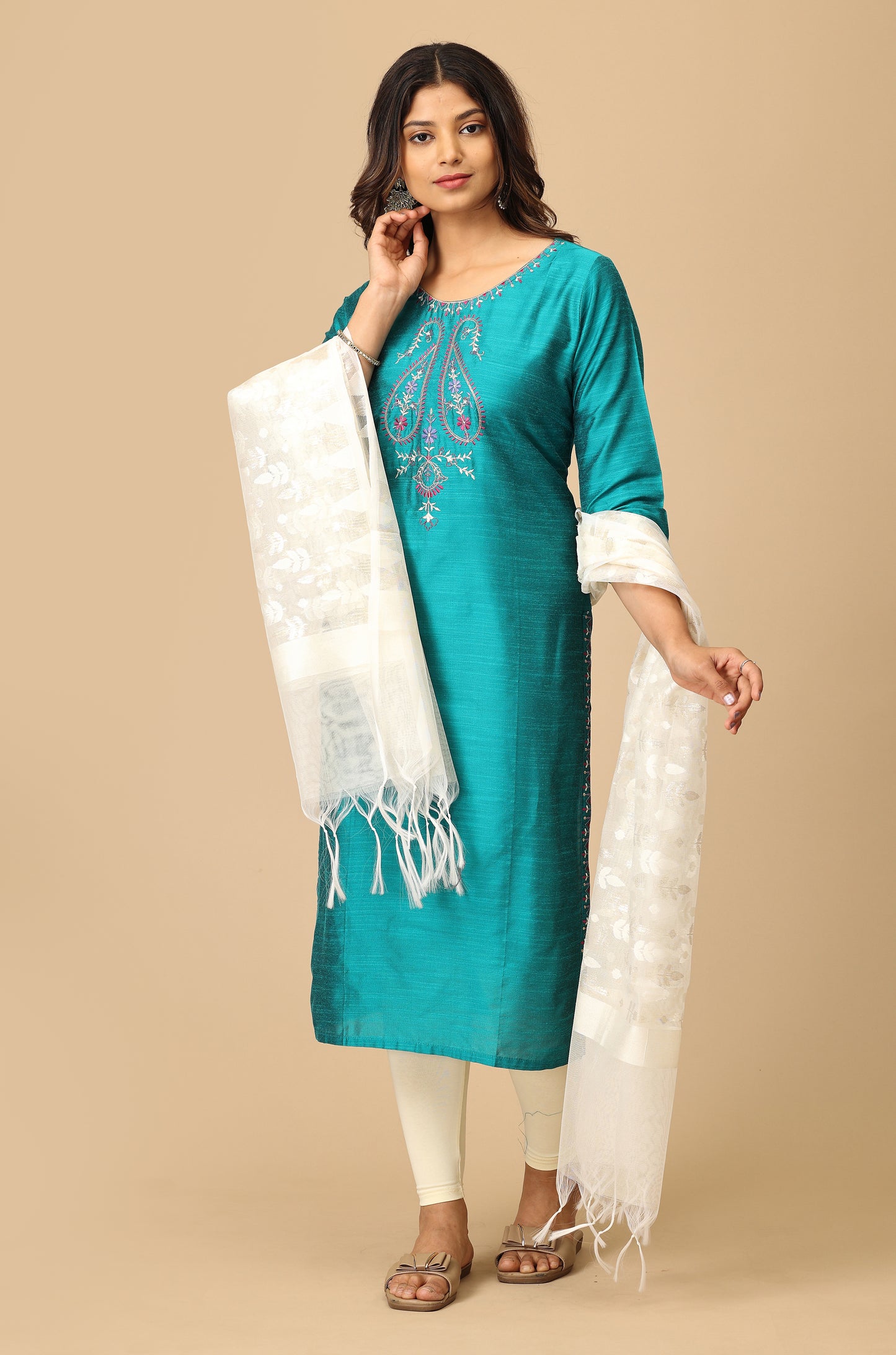 Teal Slub Silk Embroidery Kurti