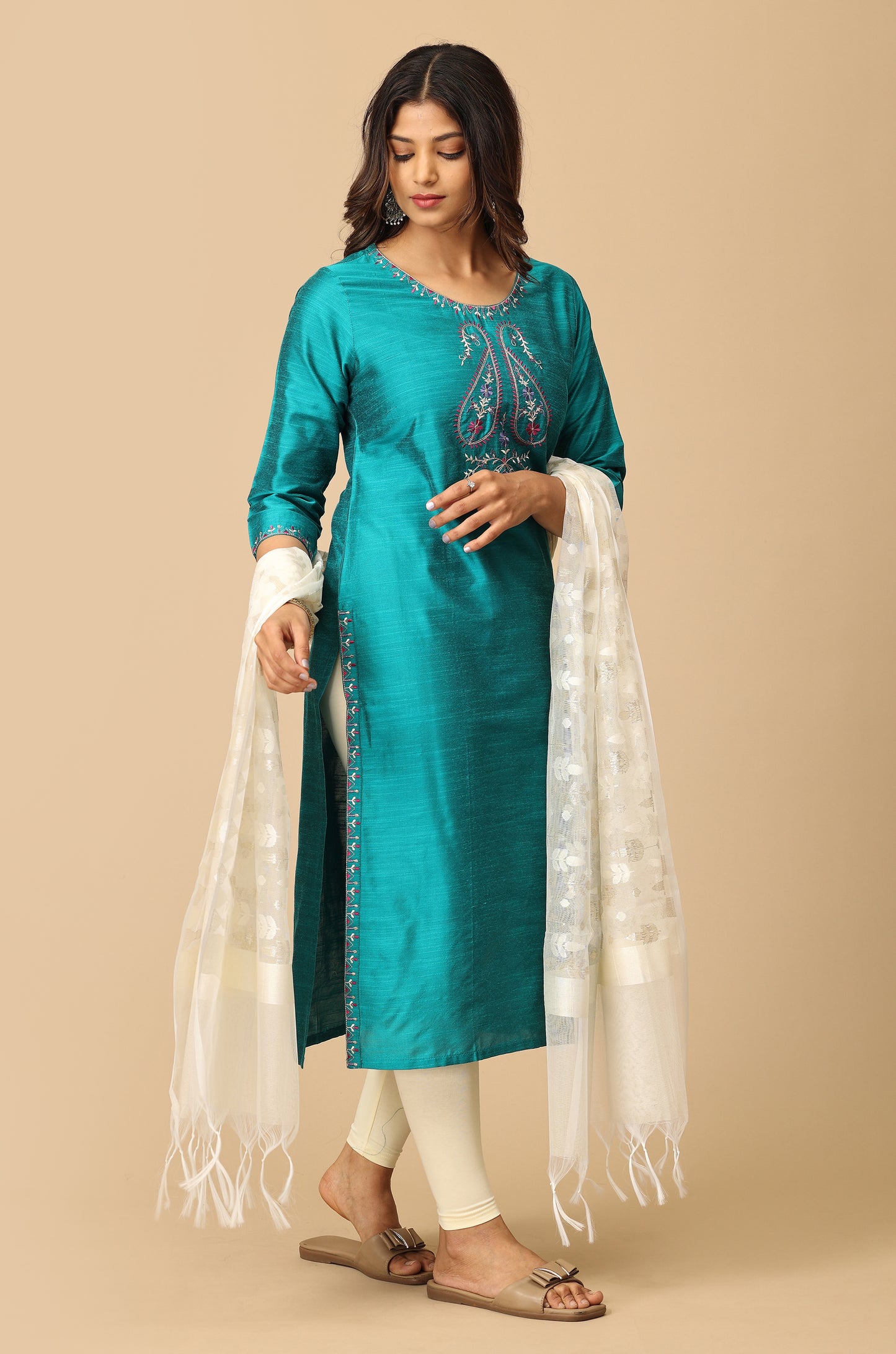 Teal Slub Silk Embroidery Kurti