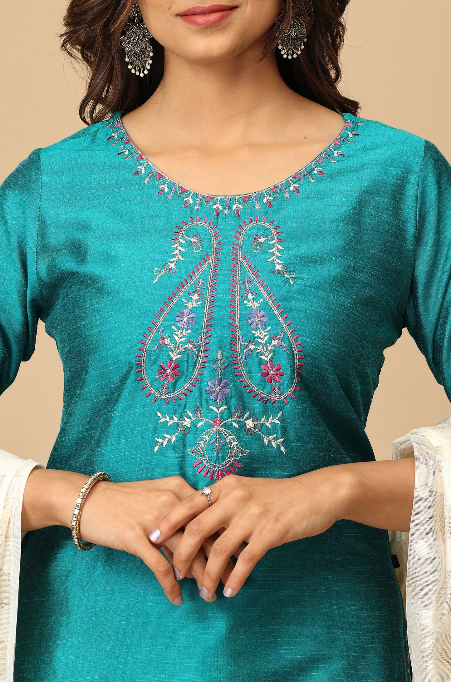 Teal Slub Silk Embroidery Kurti