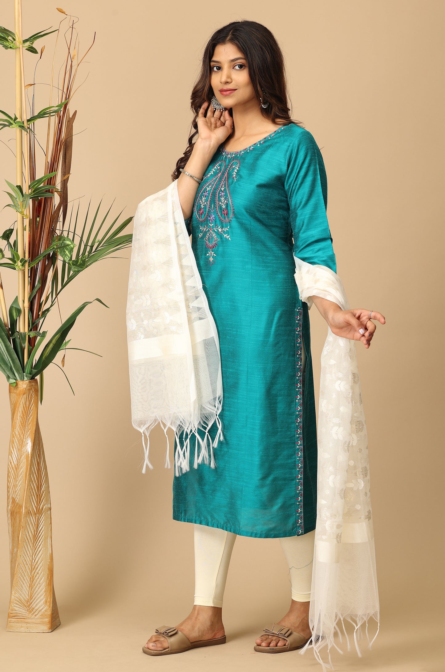 Teal Slub Silk Embroidery Kurti