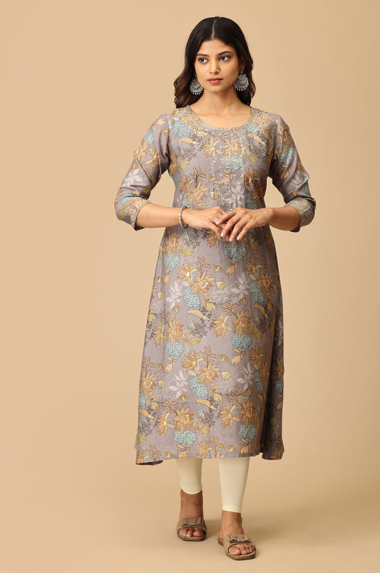 Grey Modal Printed & Embroidery Kurti