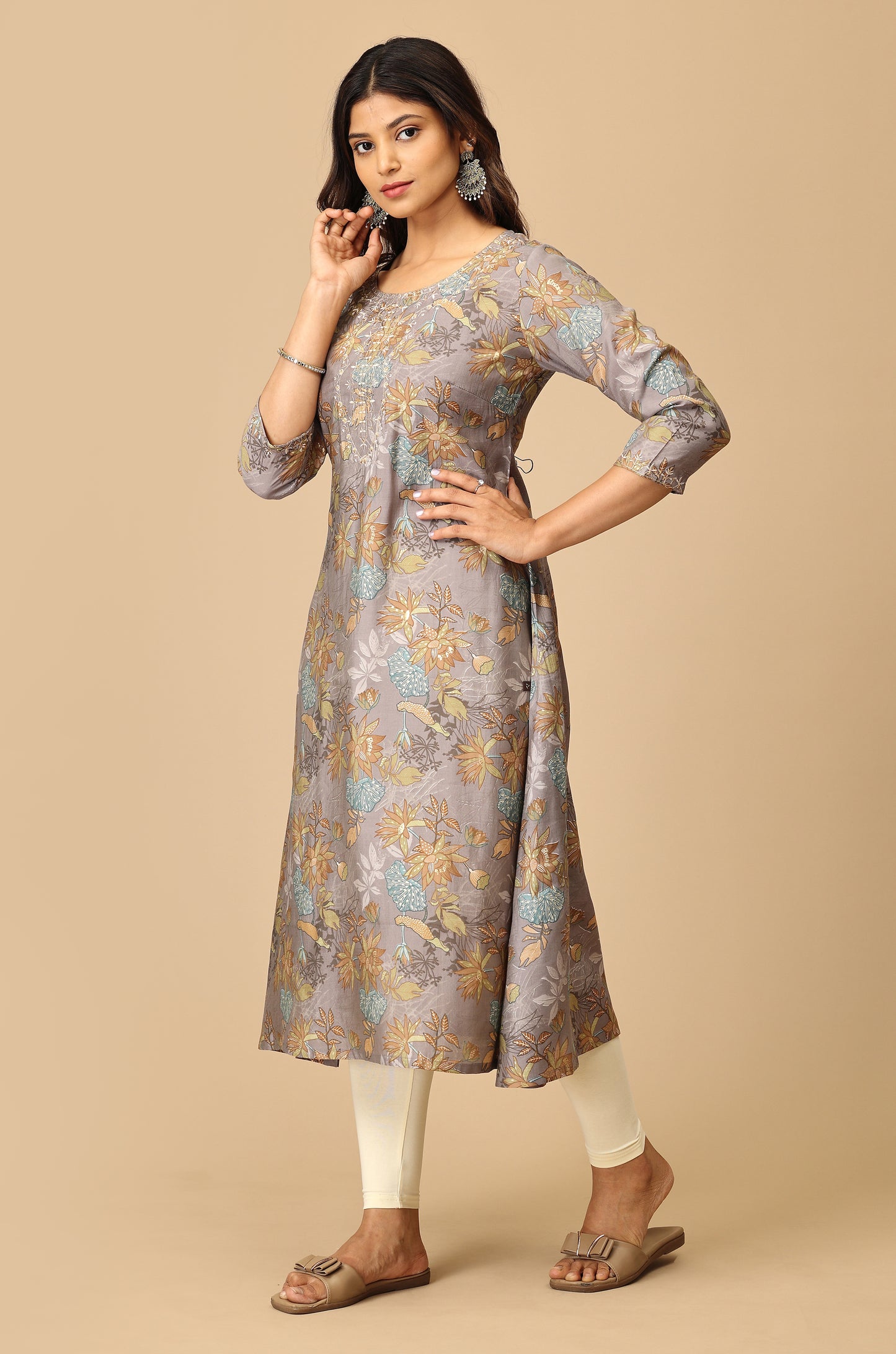 Grey Modal Printed & Embroidery Kurti