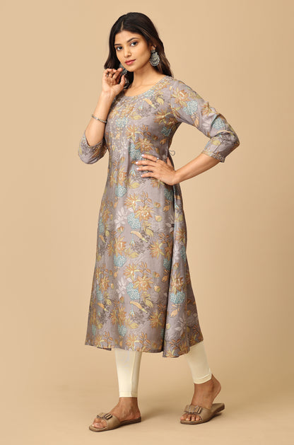Grey Modal Printed & Embroidery Kurti