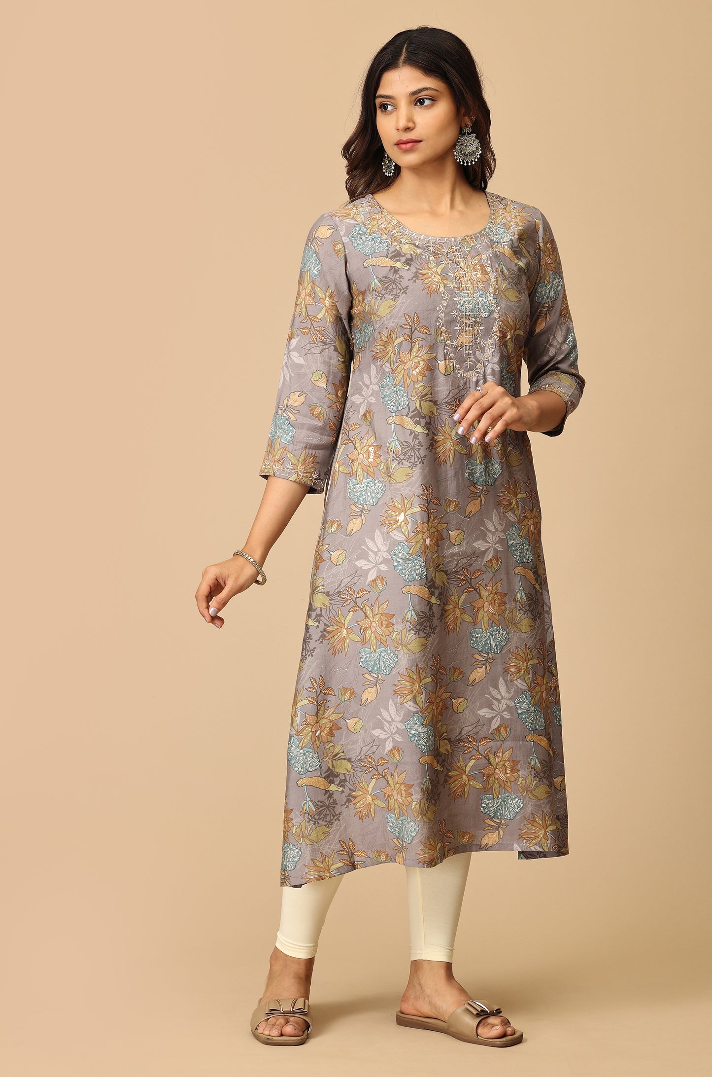 Grey Modal Printed & Embroidery Kurti