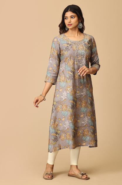 Grey Modal Printed & Embroidery Kurti