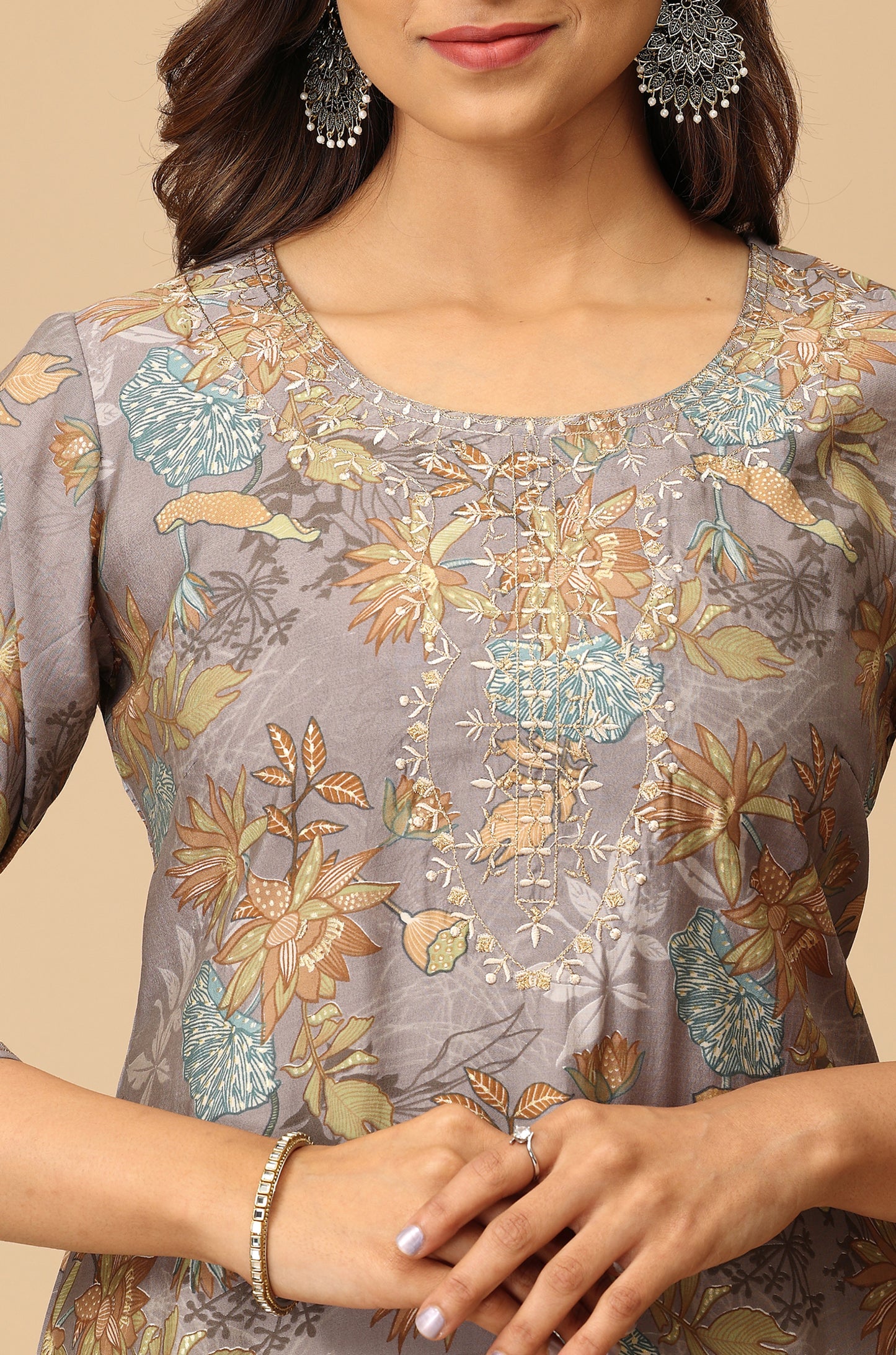Grey Modal Printed & Embroidery Kurti