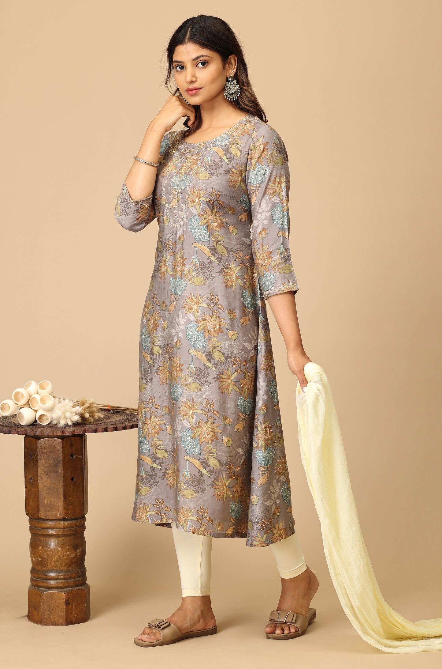 Grey Modal Printed & Embroidery Kurti