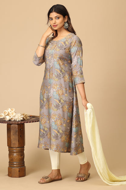 Grey Modal Printed & Embroidery Kurti