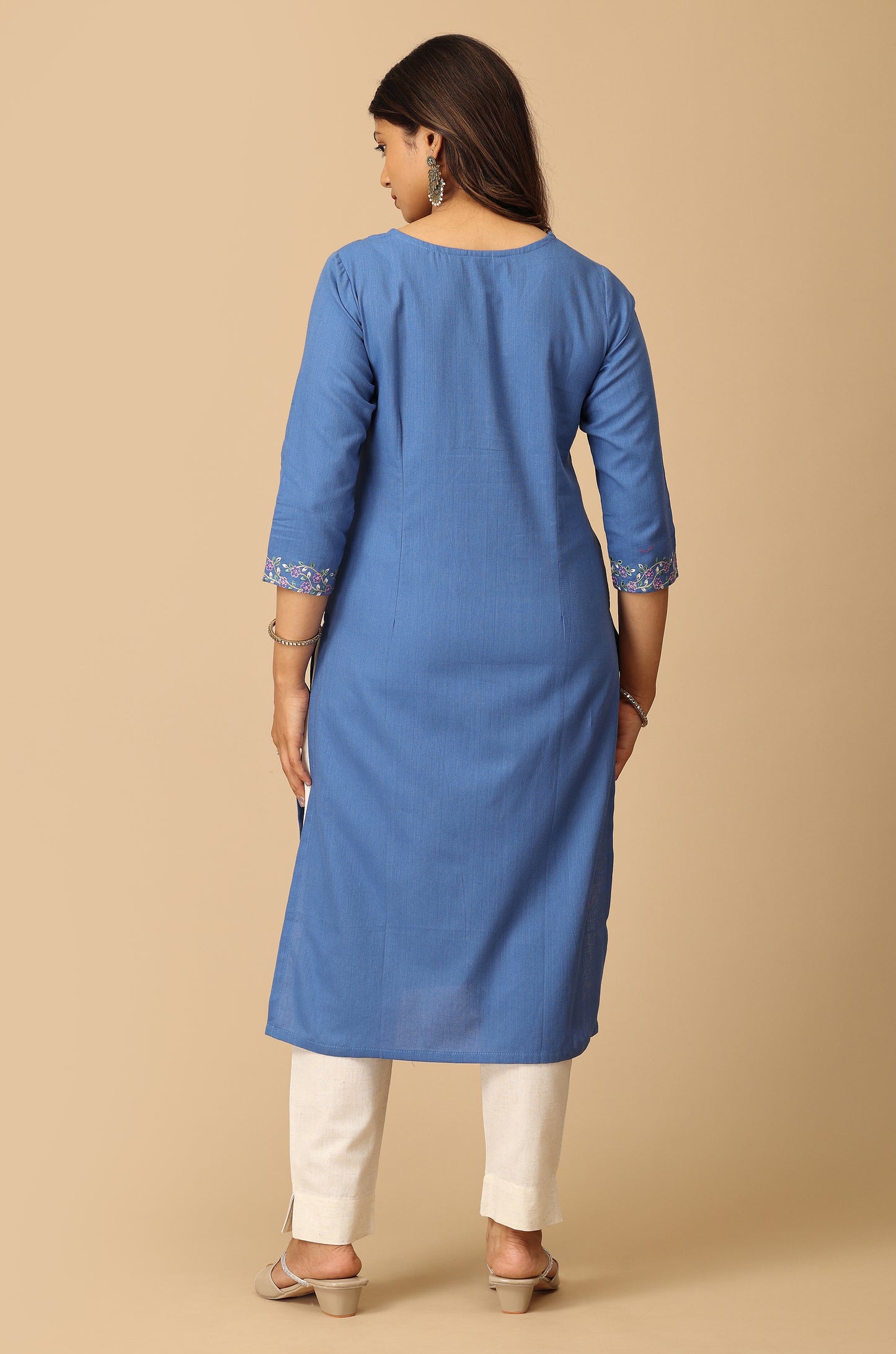 Blue Khadi Straight Embroidery Kurti