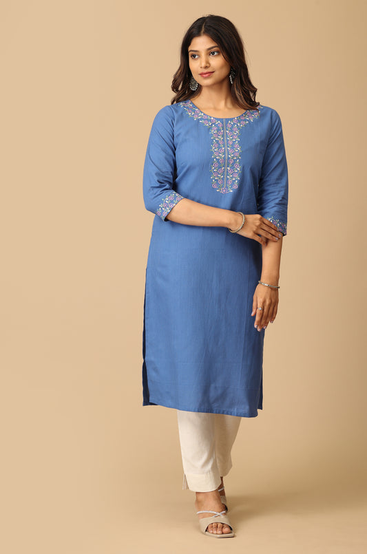Blue Khadi Straight Embroidery Kurti