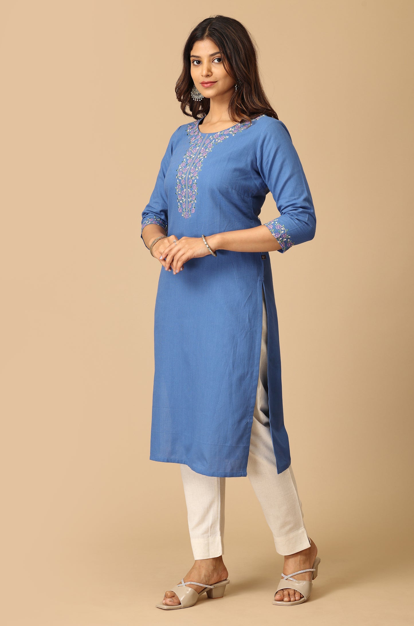 Blue Khadi Straight Embroidery Kurti